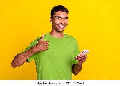 Photo Of Young Positive Pretty Handsome Student Guy Make Startup Online Vlogging Youtube Thumb Up Like Isolated On Yellow Color Background