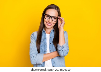 Photo Of Young Prettty Woman Good Mood Eyewear Career Agent Banker Isolated Over Yellow Color Background