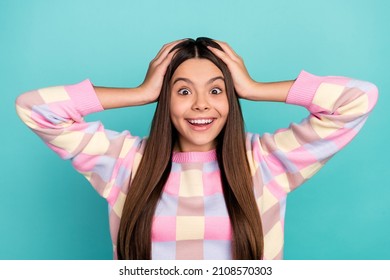 Photo Of Young Pretty Excited Lady Hands Touch Head Glad Wow Reaction Isolated Over Turquoise Color Background