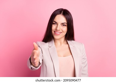 Photo Of Young Pretty Lady Hold Hand Greeting Interview Business Meeting Partner Isolated Over Pastel Color Background