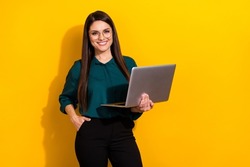 Photo Of Young Pretty Woman Hold Laptop Project Representative Marketer Isolated Over Yellow Color Background