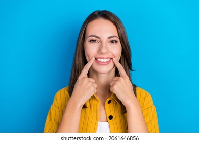 Photo of young pretty woman point fingers teeth dentist oral care stomatology isolated over blue color background - Shutterstock ID 2061646856