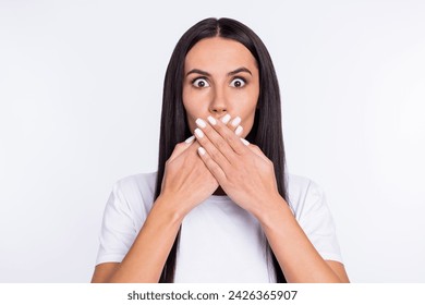 Photo of young woman close cover lips hands afraid scared fail mistake worried nervous isolated over white color background - Powered by Shutterstock