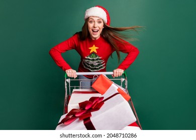 Photo of young woman happy positive smile cart shop discount present christmas isolated over green color background