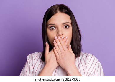 Photo of young woman scared cover lips hands tell confidential information problem isolated over violet color background. - Powered by Shutterstock