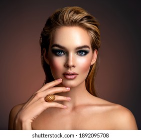 Photo of young woman with style make-up. Portrait of blonde woman with a beautiful face. Closeup face with stylish blue makeup. Fashion model with long hair, studio shot. Fashion concept. 