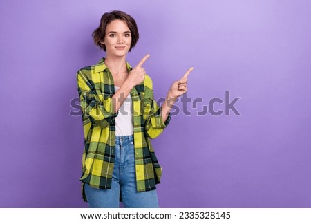 Photo of young woman wearing yellow plaid shirt denim jeans direct fingers mockup low price product isolated on violet color background