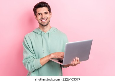 Photo of youngster positive student first work online remote meeting using new laptop success interview employer ad isolated on bright pink color background - Powered by Shutterstock