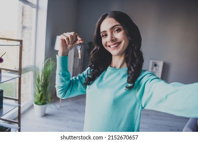 Photo Of Youth Cheerful Girl Shooting Selfie Hold Keys Moving New Apartament Influencer Blogger Indoors