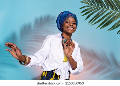 Photo of zulu cute lady in national summer accessories dance tribe green leaves isolated on shade colored background