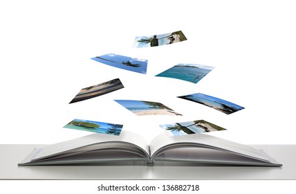 Photobook With Photos Of Beach Scenes Floating 