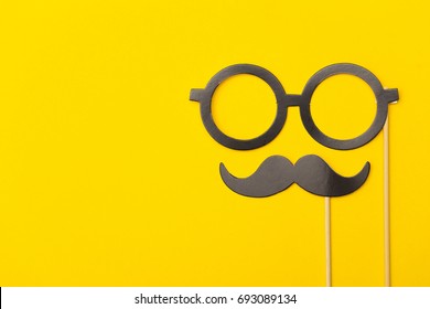 Photobooth Props On A Yellow Background. Birthday, Wedding Party Celebration