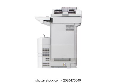 Photocopier, Network Printer Is Office Worker Tool Equipment Scanning  Copy Paper Xerox Photocopy. Isolated On White Background. Jet Printer With Copier, Fax And Scanner. Office Printing Appliances. 