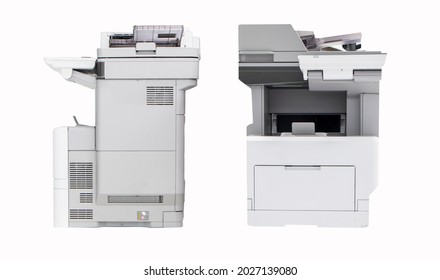 Photocopier photo front and side , network printer is office worker tool equipment scanning and copy paper xerox photocopy. Jet Printer with Copier, Fax and Scanner. Isolated on white background - Shutterstock ID 2027139080