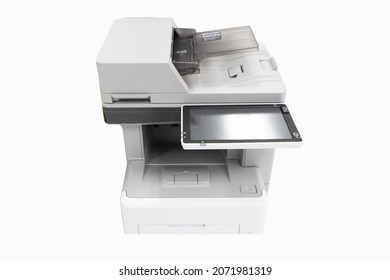 Photocopier Photo Top View , Network Printer Is Office Worker Tool Equipment Scanning And Copy Paper Xerox Photocopy. Jet Printer With Copier, Fax And Scanner. Isolated On White Background