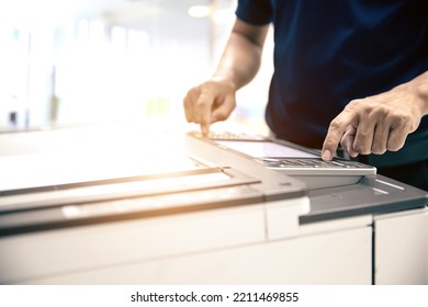 Photocopier Printer, Close Up Hand Office Man Press Copy Button On Panel To Using The Copier Or Photocopy Machine For Scanning Document Or Printing Paper Or Xerox A Sheet.