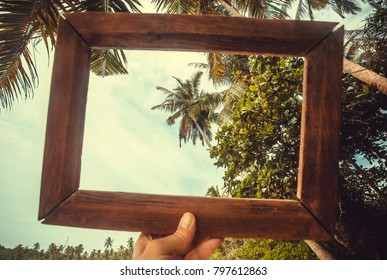 Photoframe For The Memory About Holidays On Tropical Beach. Palm Trees At Sunny Day.