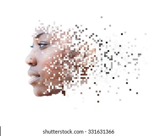 Photograph of attractive african american female model combined with pixelated illustration
