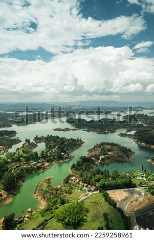 Photograph of the beautiful view taken from the top of Piedra del Peñol, in Guatape, Antioquia, Colombia.