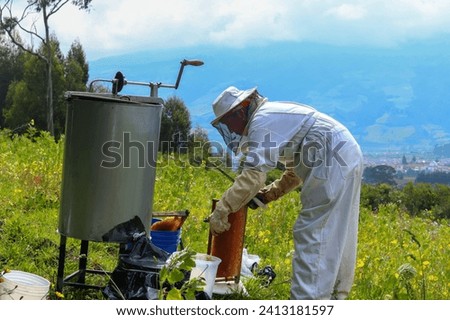 Photograph of a beekeeper crouching to lift a bee frame near her honey extractor, with the backdrop of the Andes mountains 商業照片 © 