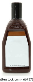 Photograph Blank Label New Bottle Of Bbq Barbecue Sauce Over White Background. 28oz Bottle.
