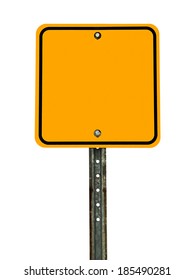 Photograph Of A Blank Square Shaped Yellow Caution Traffic Sign With Black Border. All Text Letters Have Been Removed. Isolated On A White Background.