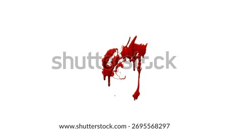 Photograph capturing a dramatic blood splash on a clean white background. The red liquid forms organic droplets and abstract shapes. Adeal for horror, medical, or artistic use.