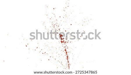 Photograph capturing a dramatic blood splash on a clean white background. The red liquid forms organic droplets and abstract shapes. Ideal for horror, medical, or artistic use.