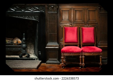 Photograph of chairs and a fireplace in a European castle, made and framed as if it were the image of an old photo album. - Powered by Shutterstock