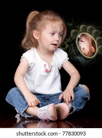 A Photograph Of A Cute Child Who Is Talking To Her Imaginary Friend.