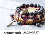 A photograph of a decadent blueberry cheesecake