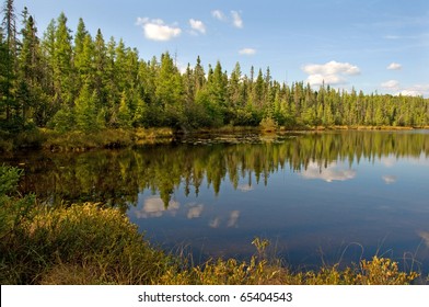 Photograph of an early fall northwoods lake, surrounded by bog, in northern Wisconsin.