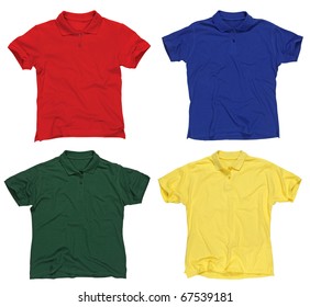 Photograph Of Four Blank Polo Shirts, Red, Blue, Green And Yellow.  Clipping Paths Included.  Ready For Your Design Or Logo.