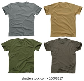 Photograph of four blank t-shirts, grays, beige, and army green.  Clipping path included.  Ready for your design or logo.