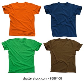 Photograph of four blank t-shirts, green, dark blue, brown, and orange.  Ready for your design or logo.