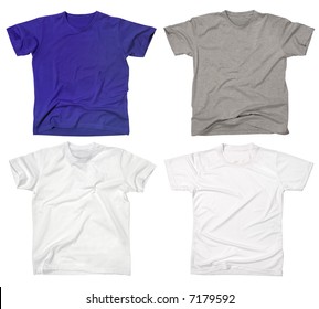 Photograph of four blank t-shirts, new and old, wrinkled and flat.  Ready for your design or logo.