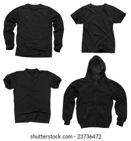 Photograph Of Four Wrinkled Blank Black Shirts, Long Sleeve Shirt, Golf Shirt, V-neck And Hoodie. Ready For Your Design Or Logo.