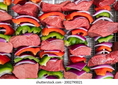 Photograph Of Freshly Prepared Steak Kabobs Getting Ready For The Grill