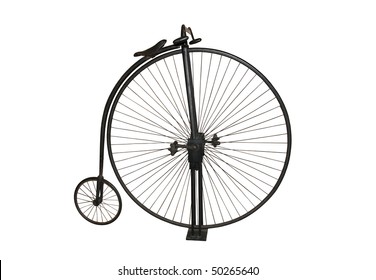 A photograph of a genuine Penny farthing vintage bicycle, isolated on a pure white background.