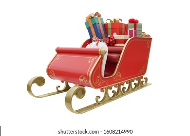 photograph of Golden sleigh filled with present boxes isolated with clipping path on white background