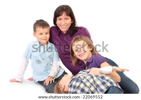 The photograph of the happy family on the white background