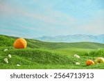 The photograph of a hill scene with a green lawn, was taken from front view. Blank space on grass for product placing, decorated with fresh fruits and tiny flowers