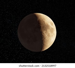 Photograph of Moon in the first quarter lunar phase.