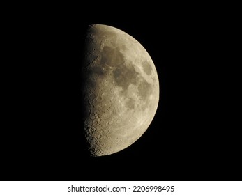 Photograph Of The Moon In Phase Change. Transition From Crescent To Full Moon. Half-Moon.