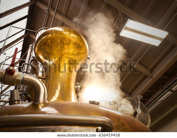 A photograph of a pot\
still in a whiskey distillery. Steam is rising from the still to\
the top of warehouse as the still is going through a distillation\
process.