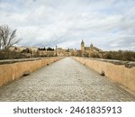 Photograph of the Roman bridge with the cathedral in the distance. Picture taken in Salamanca, Castilla y Leon, Spain.