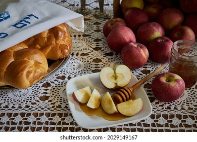 Photograph Of Rosh Hashana Holiday Table With Apples And Honey