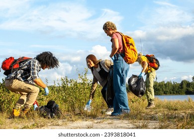 The photograph showcases a diligent group of volunteers engaged in a cleanup activity, demonstrating their commitment to environmental health. Each individual is equipped with gloves and bags - Powered by Shutterstock