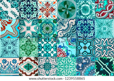 Photograph of traditional portuguese tiles in different kind of blue, green and turquoise
