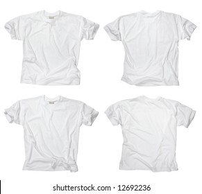 Photograph of two wrinkled blank white t-shirts, fronts and backs.  Clipping path included.  Ready for your design or logo.